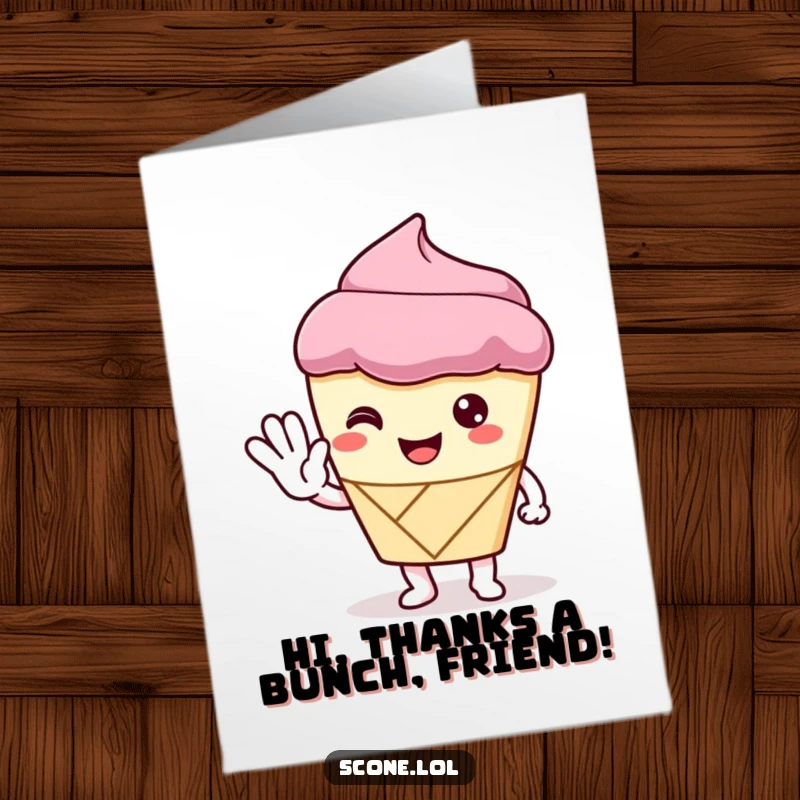 Funny Free Printable Thank You Card of a scone character politely waving with a pastry hand, a sweet way to say thanks.