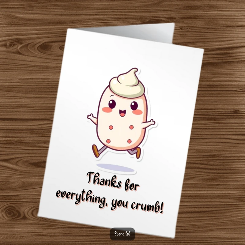 Funny Free Printable Thank You Card featuring a scone character happily skipping, conveying warm appreciation.