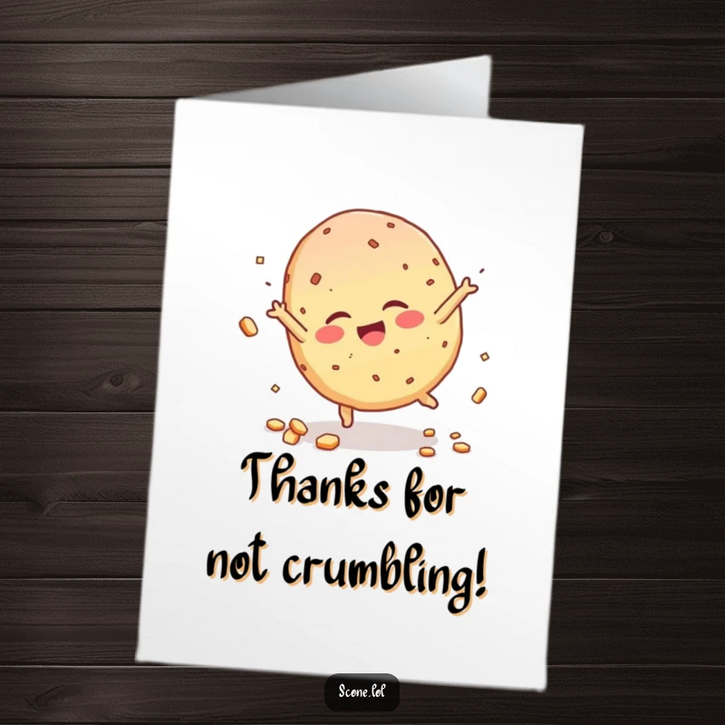 Funny free printable thank you card showing a giggling scone doing a cartwheel, scattering crumbs playfully.