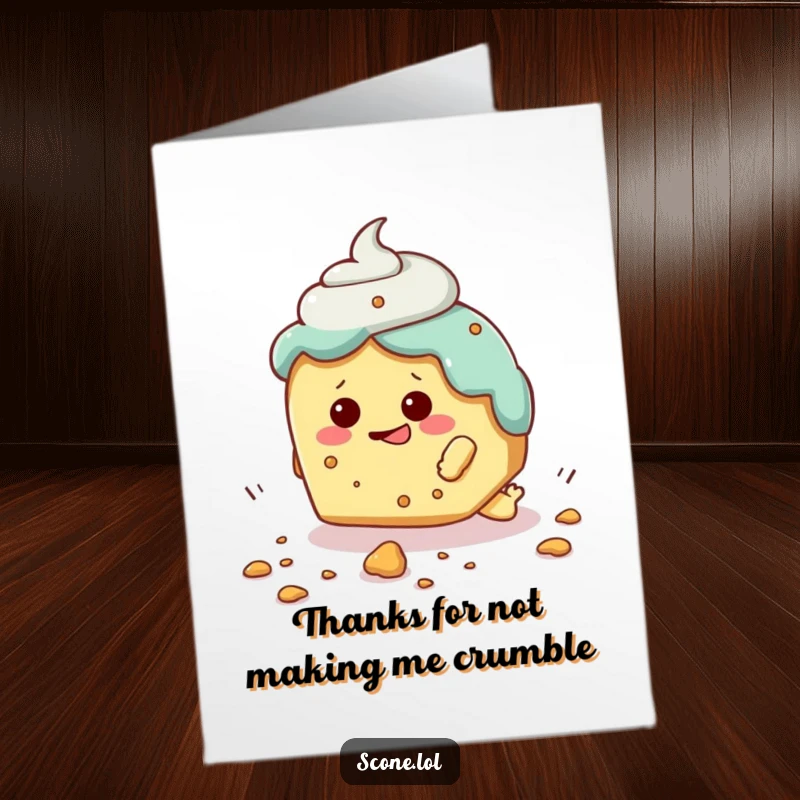 Funny Free Printable Thank You Card: A scone character humorously tripping over a crumb, mid-fall.
