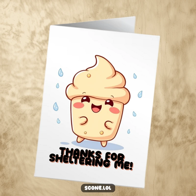 Funny free printable thank you card showcasing a happy scone character humorously dodging raindrops with a big, cheerful grin.