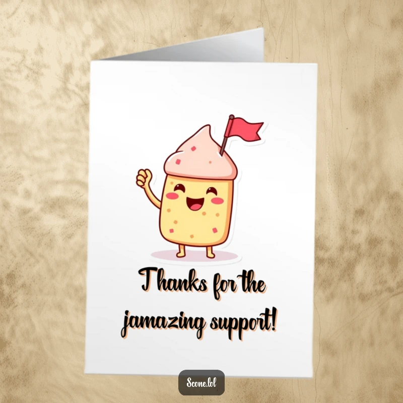 Funny free printable thank you card with a jubilant scone character waving a small jam jar flag happily.