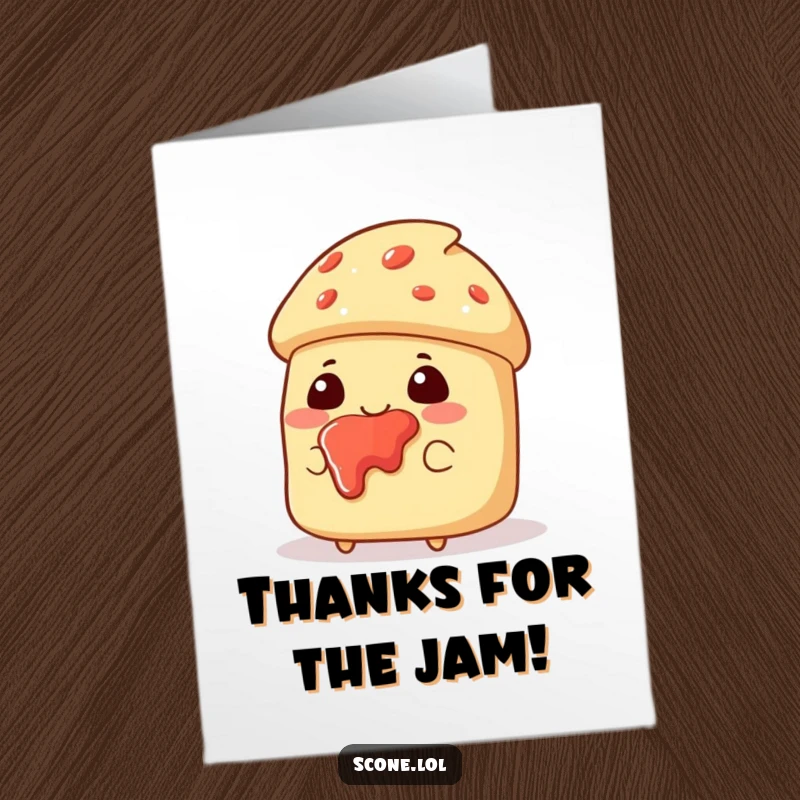 Funny Free Printable Thank You Card: A scone character beams with glee, jam happily smeared all over its pleased face.