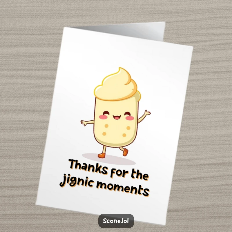 Funny Free Printable Thank You Card: A scone character performs a lively jig, expressing thanks with a cheerful, energetic dance.