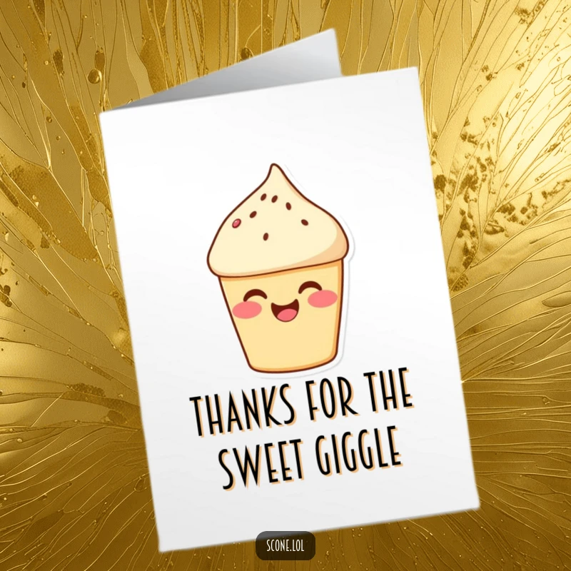 Funny free printable thank you card featuring a scone with rosy cheeks giggling happily, expressing thanks.