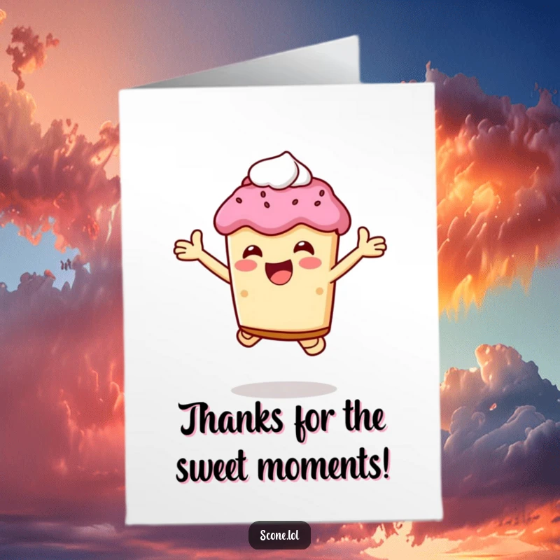 Funny Free Printable Thank You Card of a scone character joyfully jumping with a dollop of cream in hand.