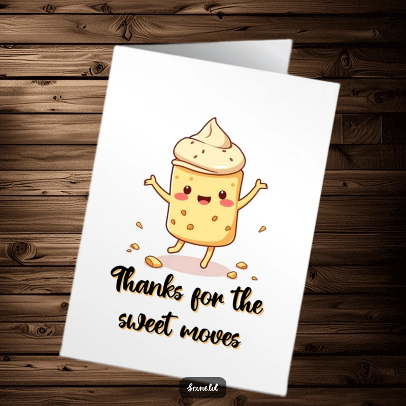 Funny Free Printable Thank You Card with a scone in a silly dance pose, scattering crumbs happily.