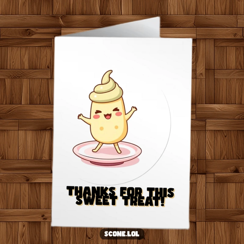 Funny Free Printable Thank You Card of a scone character happily doing a silly jig on a saucer.