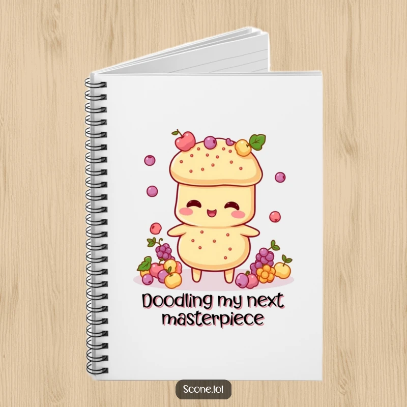 Funny Scone Juggler Notebook: A lined notebook with a cover showing a scone character juggling tiny currant decorations.