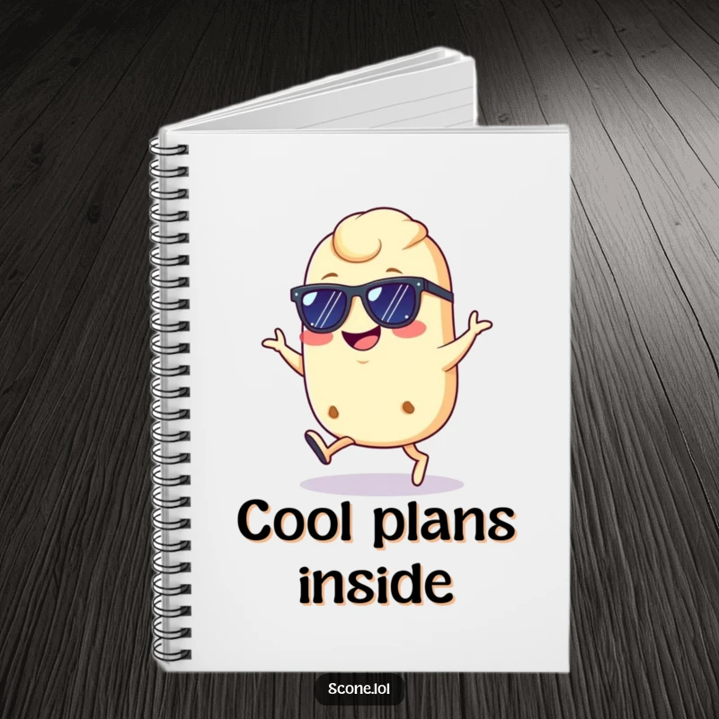 Funny cool scone notebook, showing a scone with sunglasses doing a confident hop with a grin, ideal for jotting down cool and humorous notes.