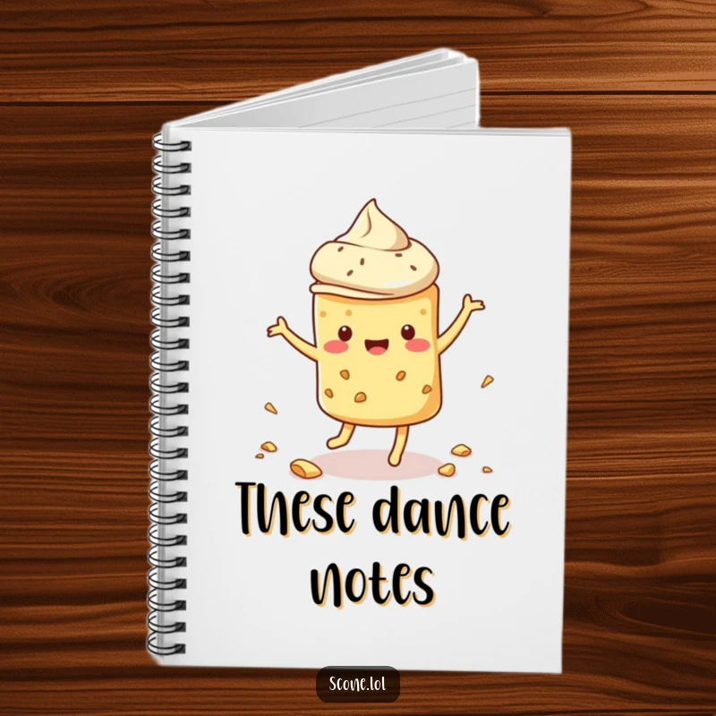Funny scone notebook featuring a scone dancing energetically and leaving crumbs, ideal for jotting down ideas with a humorous touch.