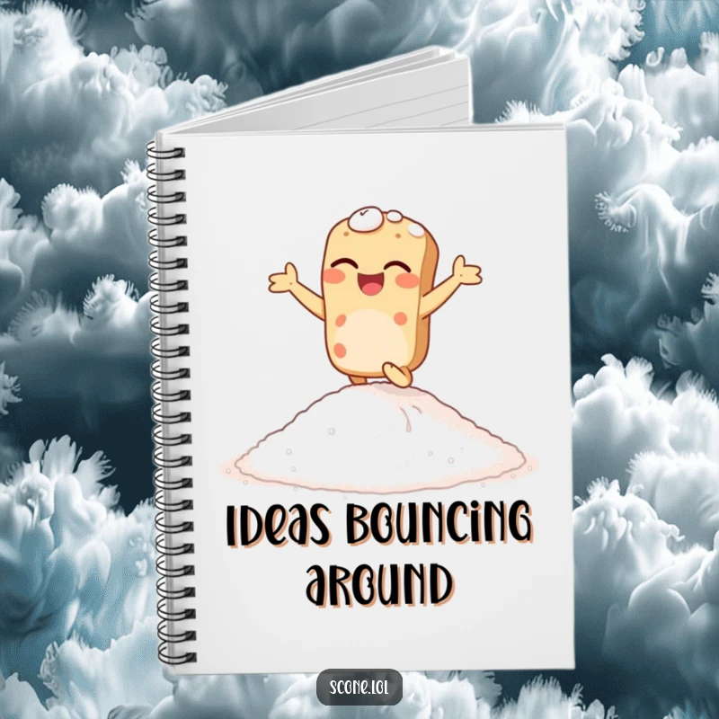 Funny giggling scone notebook, showing a scone hopping enthusiastically on sugar, ideal for jotting down sweet and humorous notes.