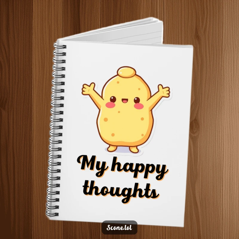 Funny happy scone notebook featuring a scone with outstretched arms, ideal for writing notes and ideas with a cheerful, welcoming touch.