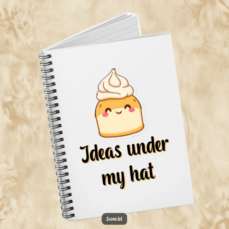 Funny scone wearing a cream hat, beaming with a smile, on a notebook cover for writing and drawing.