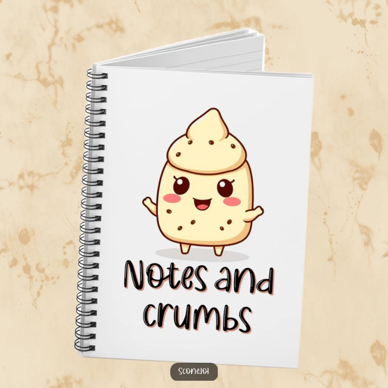 Funny scone character notebook with a scone cheerfully offering a crumb, perfect for jotting down sweet thoughts and kind ideas.