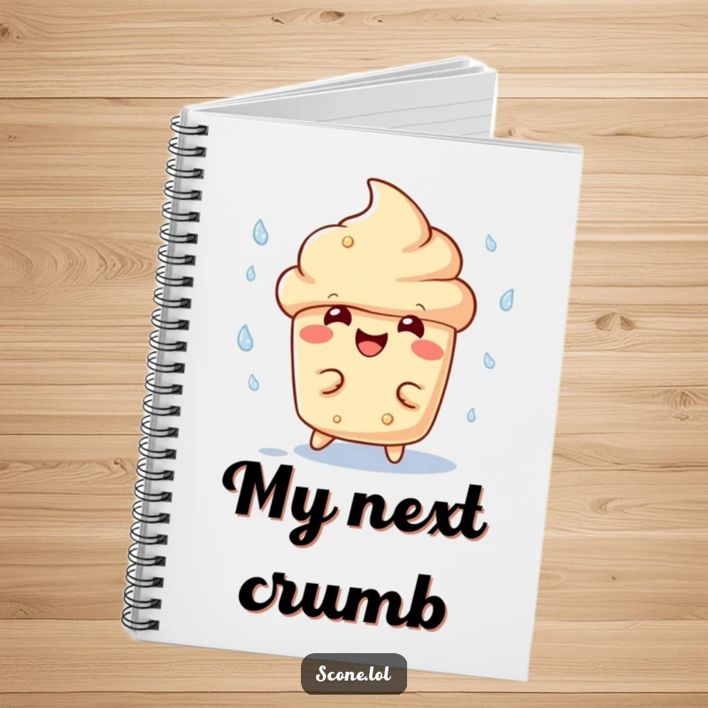 Funny scone character notebook, with a wide, happy grin, playfully dodging raindrops, inspiring creativity and joy.