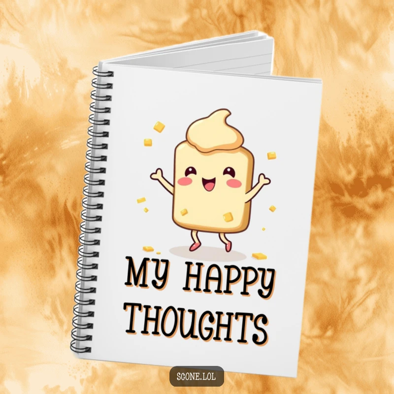 Funny Scone Notebook: A humorous notebook cover featuring a happy scone character dancing with butter splatters, ready for joyful writing.