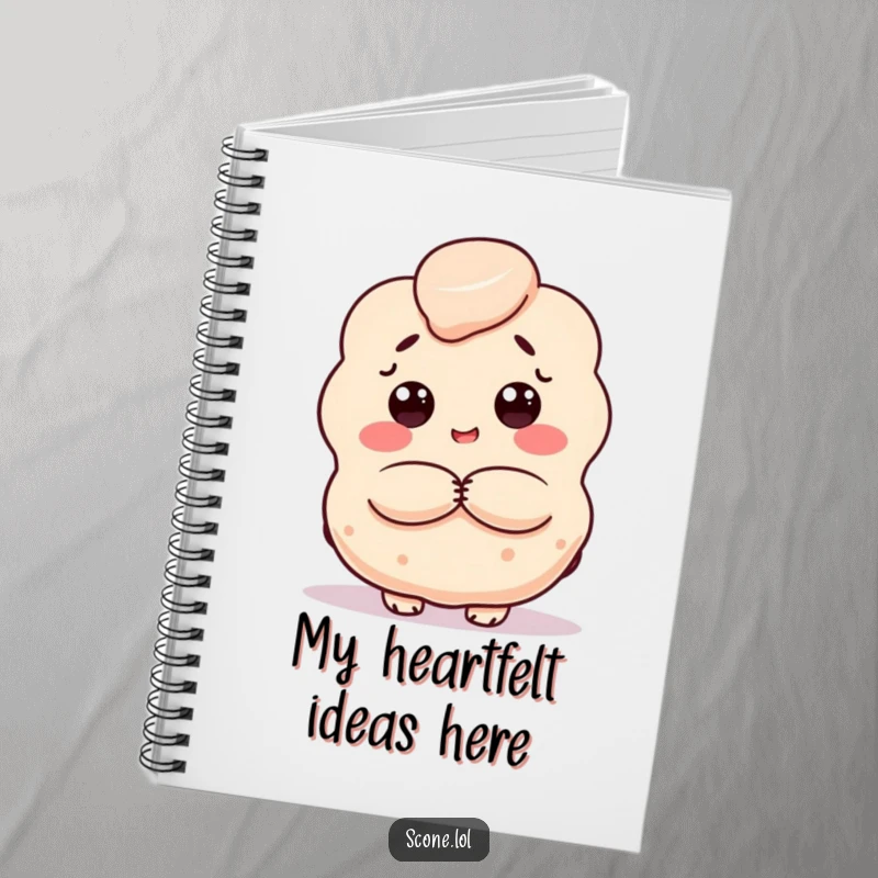 Funny scone notebook, a baked good character offering a warm hug, perfect for journaling with comfort.