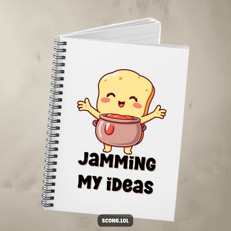 Funny Scone Notebook: A humorous notebook cover featuring a scone character embracing a jam pot, ready for sweet writing.