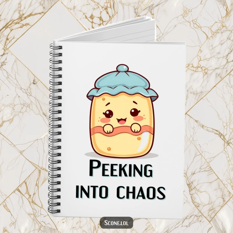 Funny scone character peeking from a jam jar, making a funny face, on the cover of a notebook.