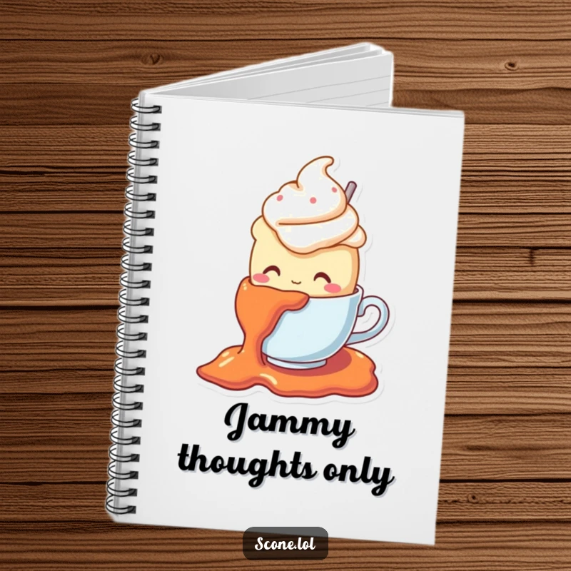 Funny notebook cover with a scone character in a teacup hat slipping on jam, ideal for note-taking with a humorous twist.