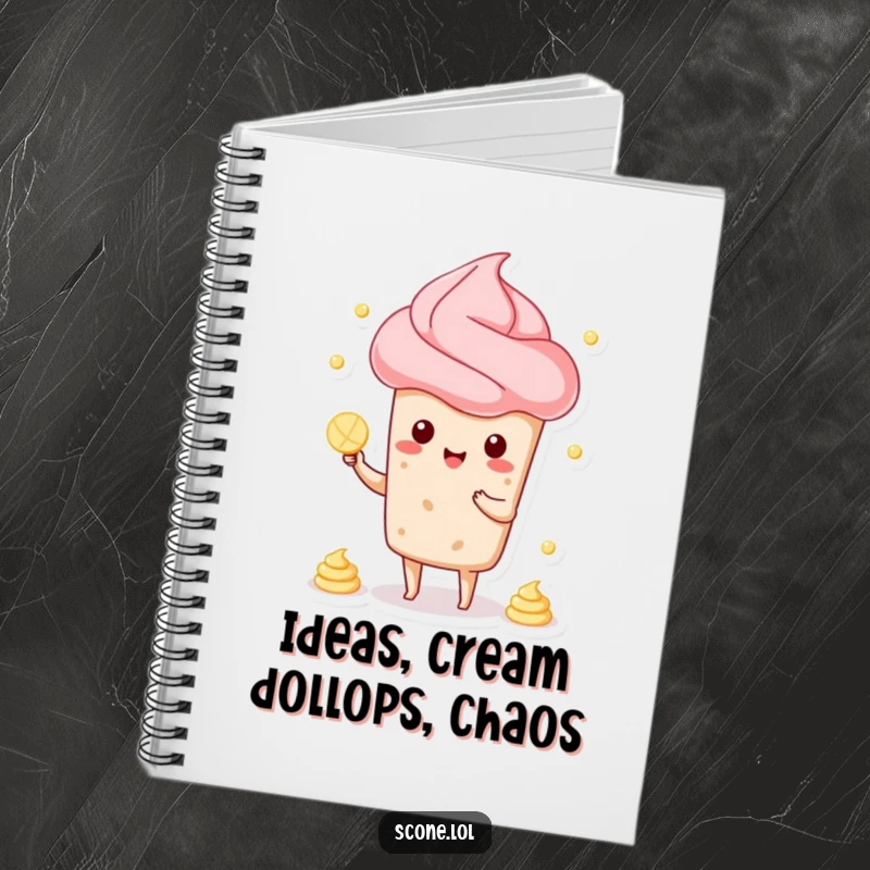 Funny notebook with a scone character juggling cream dollops on the cover, perfect for jotting down notes with a smile.