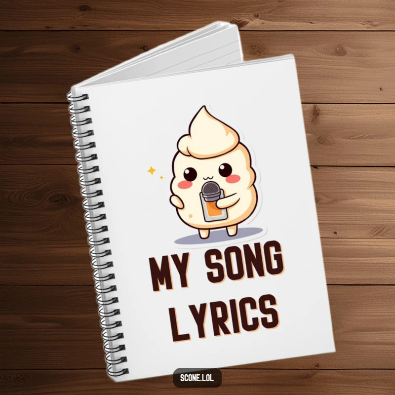 Funny notebook cover featuring a scone character holding a teabag microphone, ideal for jotting down lyrics and melodies.