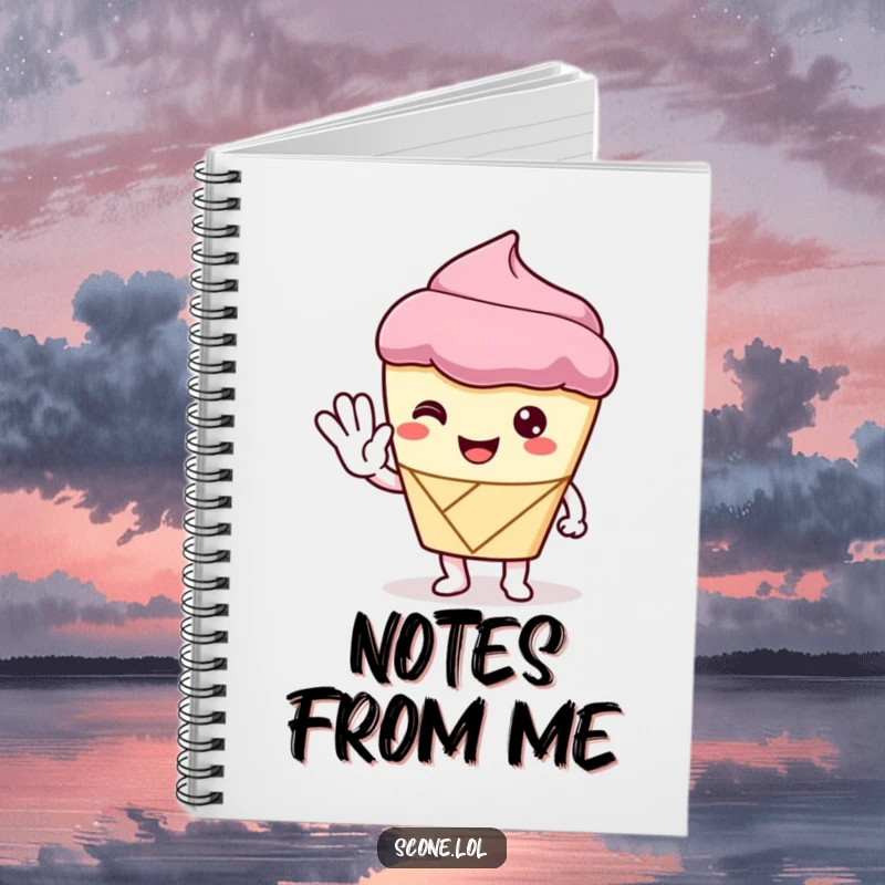 Funny Notebook with a scone character giving a polite wave, designed for jotting down friendly thoughts, messages, and sweet notes.
