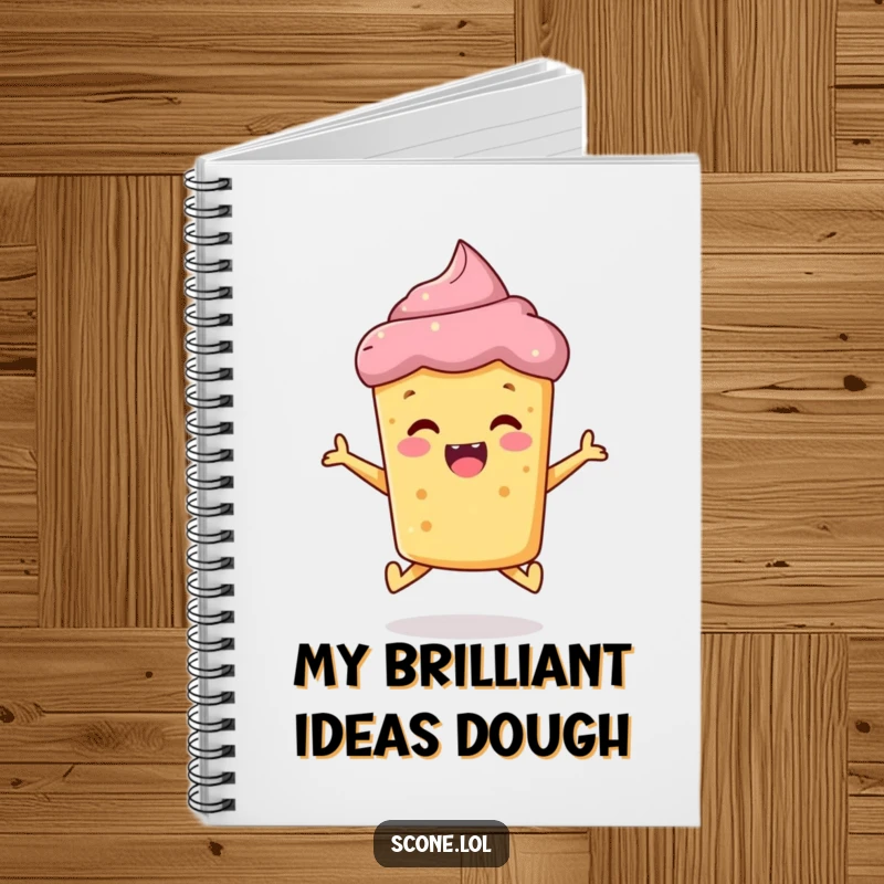 Funny scone notebook, a happy baked good jumping with excitement, perfect for journaling and capturing funny ideas.