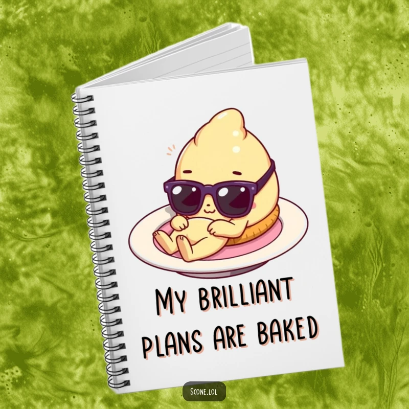 Funny scone character wearing sunglasses lounging on a plate, a humorous notebook perfect for capturing ideas with a touch of pastry charm.