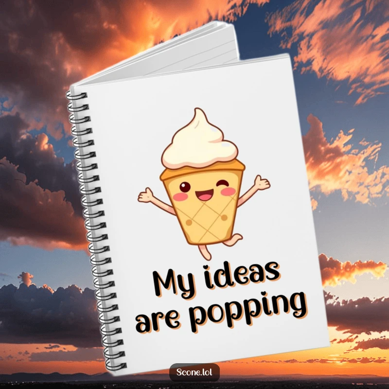 Funny Scone Character Notebook, wearing a cream hat, jumping with excitement, perfect for capturing bright ideas.