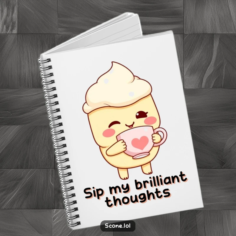 Funny Scone Character Notebook, winking with a tiny teacup, perfect for recording brilliant ideas and doodles.