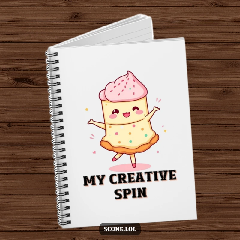 Funny notebook featuring a scone in a whimsical pirouette with swirling jam, ideal for creative note-taking.