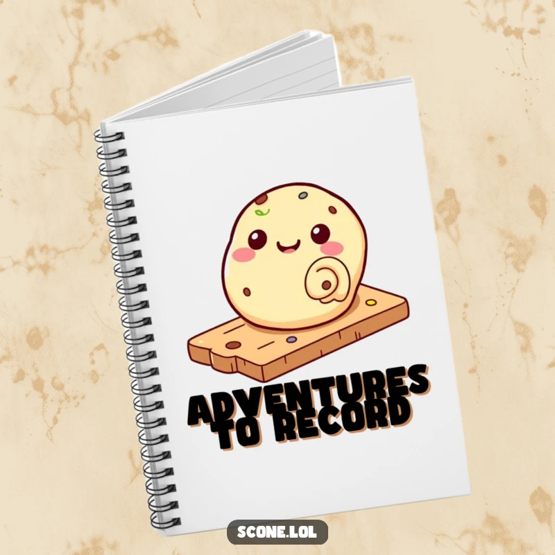 Funny notebook with a scone rolling down a pastry board, ideal for jotting down recipes with a humorous touch.