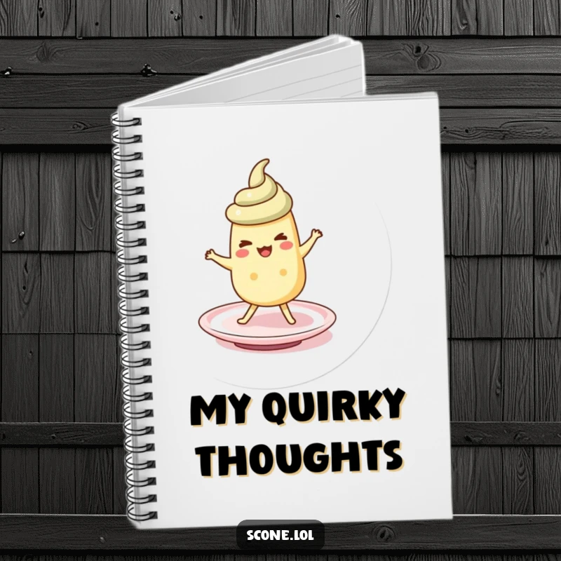 Funny scone character doing a silly jig on a saucer, featured on the cover of this humorous notebook.