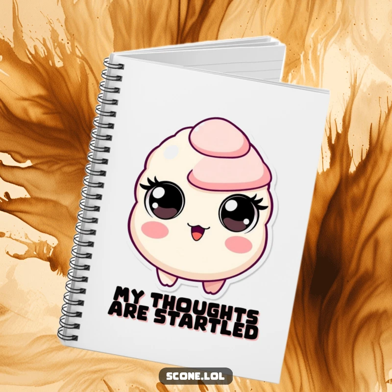 Funny notebook featuring a scone character with wide, surprised eyes, perfect for jotting down shocking ideas and thoughts.