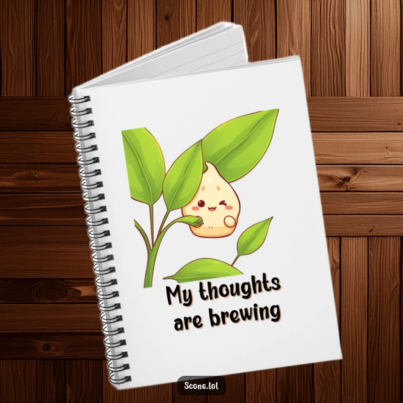 Funny Notebook depicting a scone character with a grin peeking from behind a tea leaf, ideal for jotting down notes and humorous thoughts.