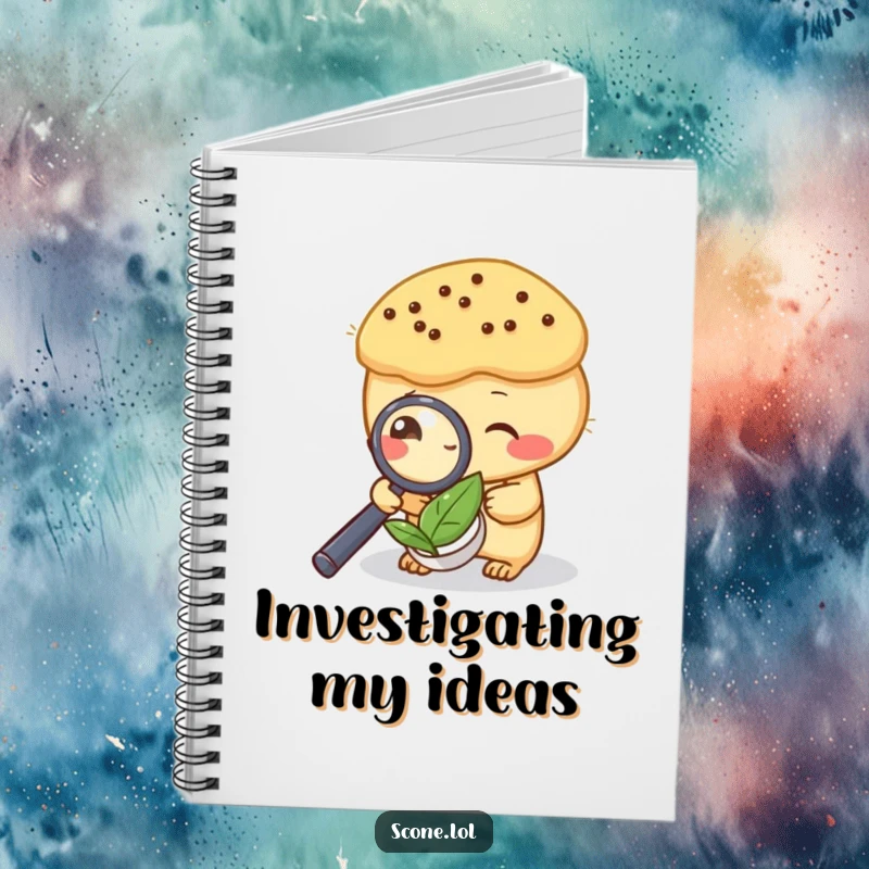 Funny notebook featuring a scone investigating a tea leaf with a magnifying glass, ideal for note-taking with humor.