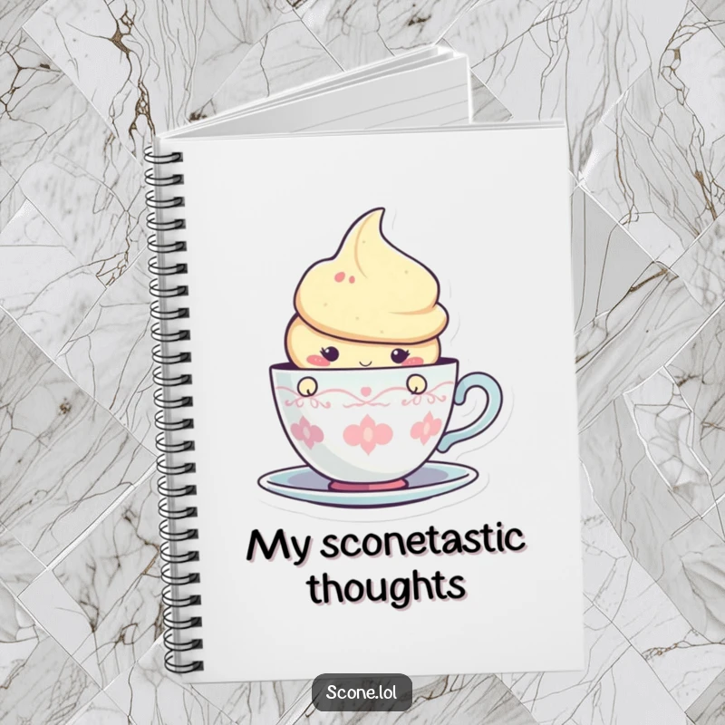 Funny notebook cover featuring a cute scone peeking from behind a teacup graphic, ideal for jotting down sweet thoughts.