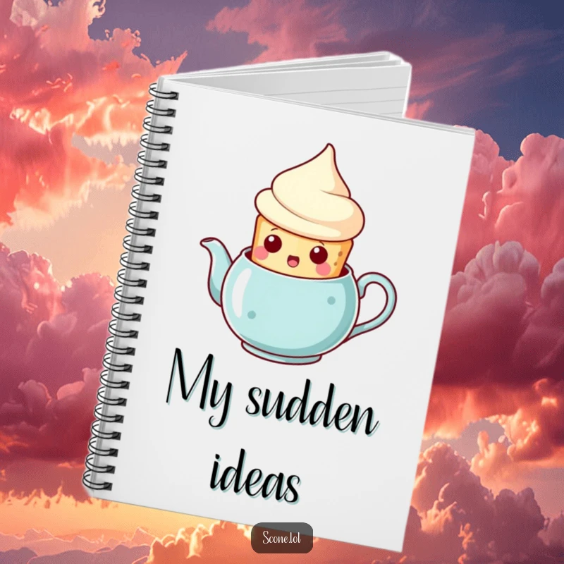 Funny scone teapot surprise notebook, a scone popping out of a teapot with a shocked face, a humorous journal for delightful thoughts.