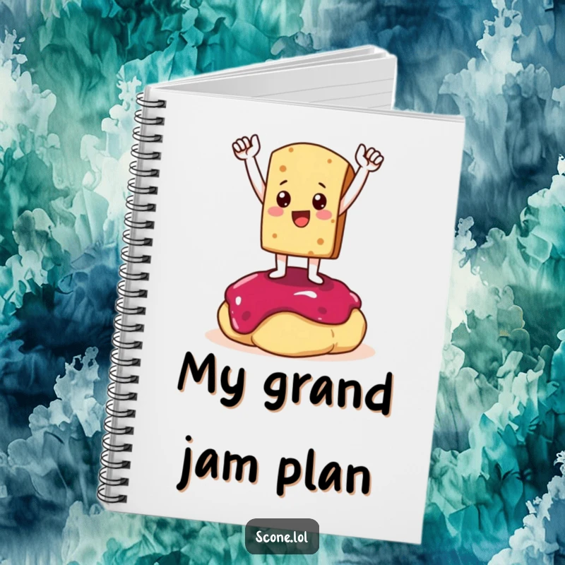 Funny Notebook depicting a scone character in a triumphant pose atop a dollop of jam, ideal for noting down winning ideas.