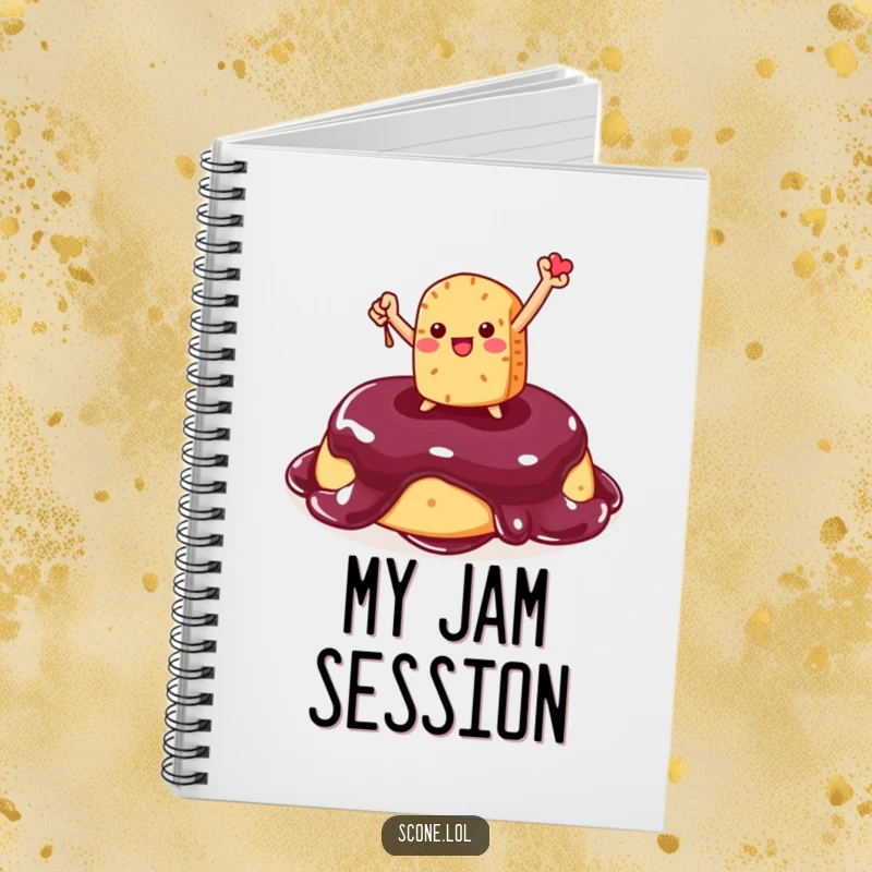 Funny Scone Notebook: A humorous notebook cover featuring a victorious scone character posed on jam, ready for inspired writing.