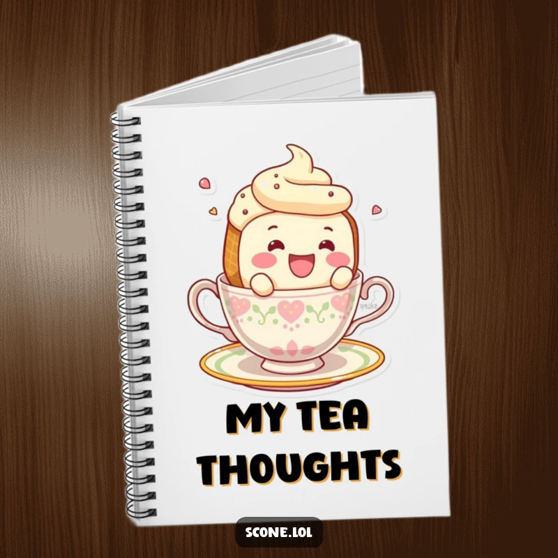Funny smiling scone character hilariously falling off a teacup on the cover of a notebook.