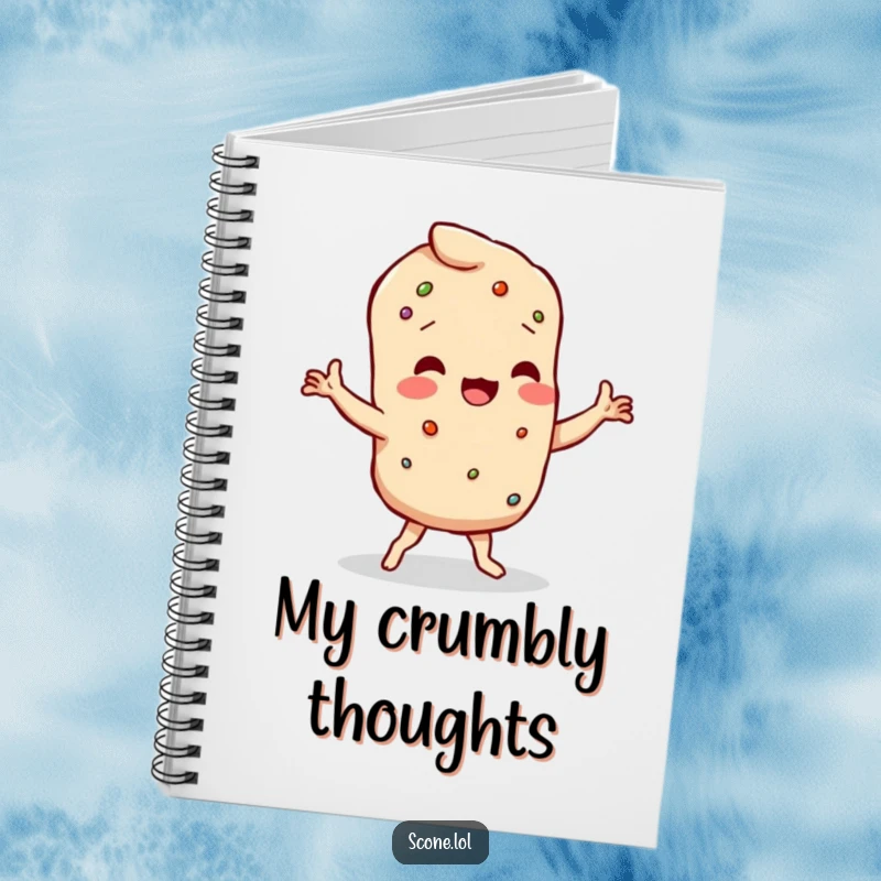 Funny scone character doing a wobbly dance with crumbly limbs, on the cover of a notebook.