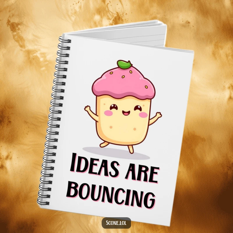 Funny notebook featuring a smiling scone character doing a happy little bounce, perfect for jotting down sweet and happy thoughts.