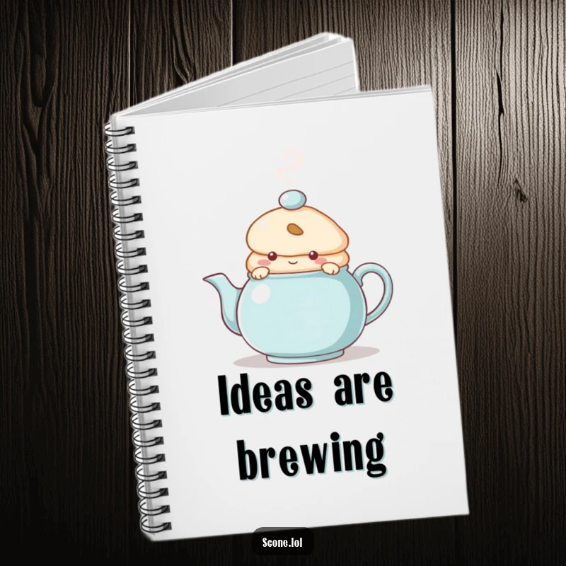 Funny Notebook with a scone character peeking from behind a steaming teapot, designed for jotting down secrets, ideas, and playful thoughts.