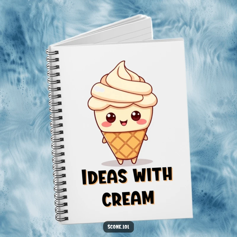Funny notebook featuring a scone character wearing a cream hat, ideal for jotting down sweet thoughts and ideas.