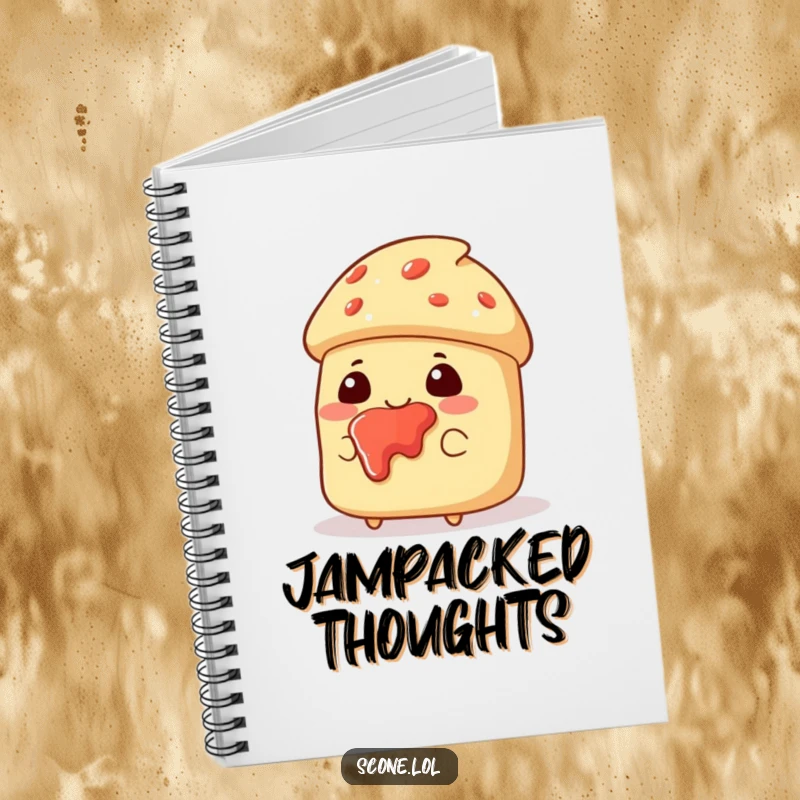 Funny notebook featuring a scone character with jam splattered on its face, looking pleased and ready for sweet thoughts.