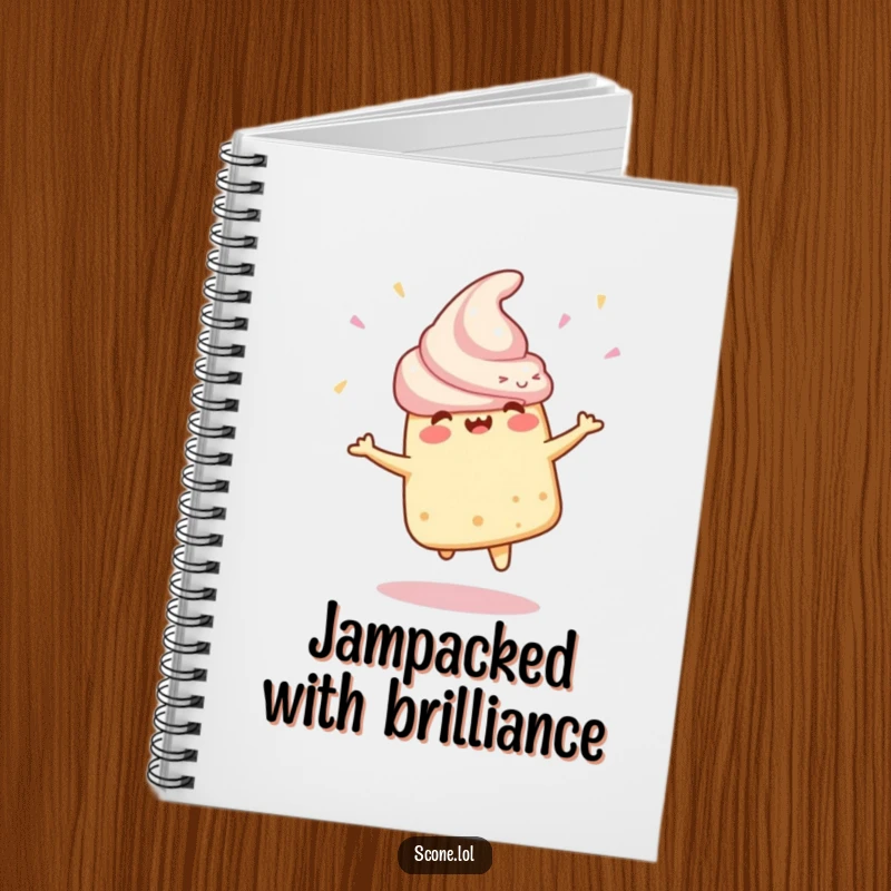 Funny Notebook with a scone character in a celebratory spin, designed for jotting down exciting ideas and inspirations.