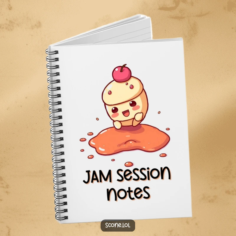 Funny notebook featuring a scone character dramatically sliding across a jam puddle, perfect for jotting down adventurous ideas.